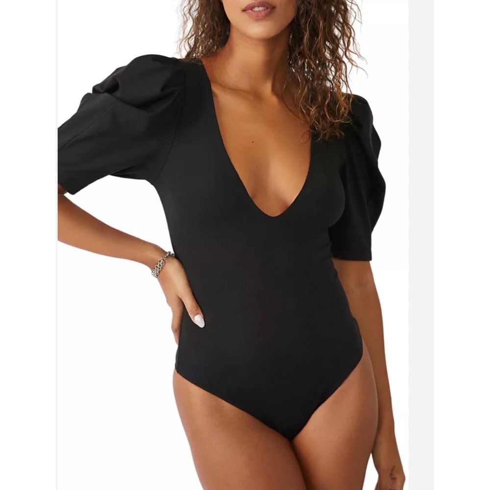 Free People Black Puff Sleeve‎ Plunge V Neck Bodysuit